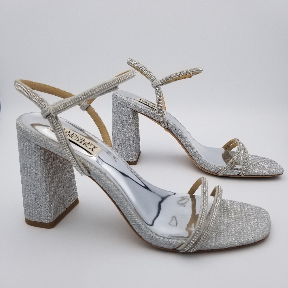 Badgley Mischka Firey Bejeweled Block Heel Sandals, Silver Glitter, Women's Sz 8 - Picture 2 of 16